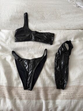 triangl swimwear Black Patent One-Shoulder Bikini Set with High-Cut Bottoms